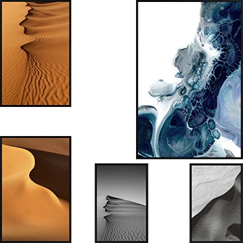 decomonkey | Poster 5er - Set schwarz-weiß Abstrakt Sand Meer Abstrakt Kunstdruck Wandbild Print Bilder Kunstposter Wandposter Posterset Sahara Wildnis Wasser