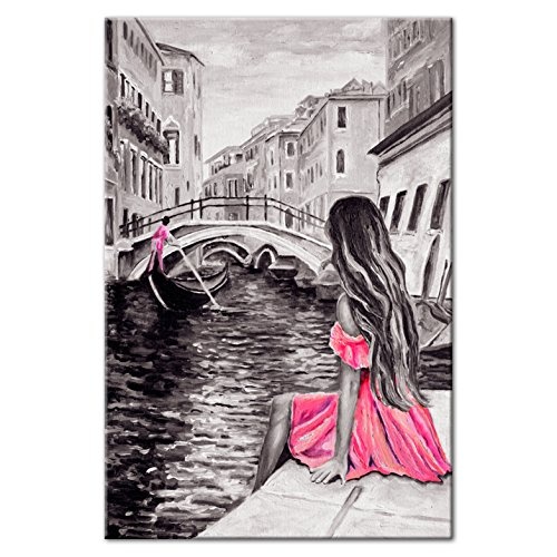 decomonkey Akustikbild Venedig Stadt grau 60x90 cm Bilder Leinwandbilder Wandbilder XXL Schallschlucker Schallschutz Akustikdämmung Wandbild Deko leise Aquarell Frau Brücke Wasser Kleidung rosa