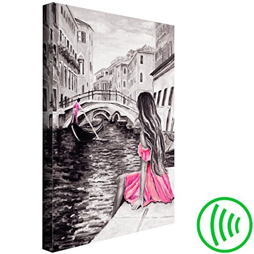 decomonkey Akustikbild Venedig Stadt grau 60x90 cm Bilder Leinwandbilder Wandbilder XXL Schallschlucker Schallschutz Akustikdämmung Wandbild Deko leise Aquarell Frau Brücke Wasser Kleidung rosa