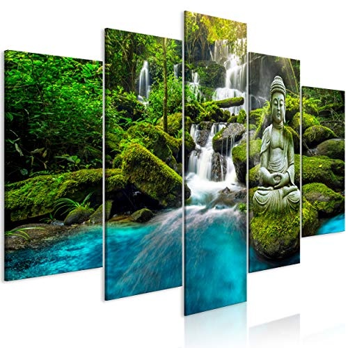decomonkey Bilder Buddha Natur 200x100 cm 5 Teilig Leinwandbilder Bild auf Leinwand Vlies Wandbild Kunstdruck Wanddeko Wand Wohnzimmer Wanddekoration Deko Zen Orient Wasserfall