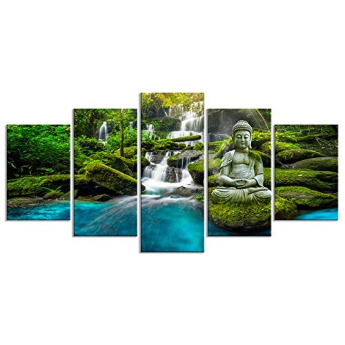decomonkey Bilder Buddha Natur 200x100 cm 5 Teilig Leinwandbilder Bild auf Leinwand Vlies Wandbild Kunstdruck Wanddeko Wand Wohnzimmer Wanddekoration Deko Zen Orient Wasserfall