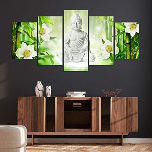 decomonkey Bilder Buddha Orchidee 200x100 cm 5 Teilig Leinwandbilder Bild auf Leinwand Vlies Wandbild Kunstdruck Wanddeko Wand Wohnzimmer Wanddekoration Deko Blumen Spa Zen