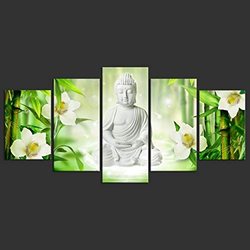 decomonkey Bilder Buddha Orchidee 200x100 cm 5 Teilig Leinwandbilder Bild auf Leinwand Vlies Wandbild Kunstdruck Wanddeko Wand Wohnzimmer Wanddekoration Deko Blumen Spa Zen