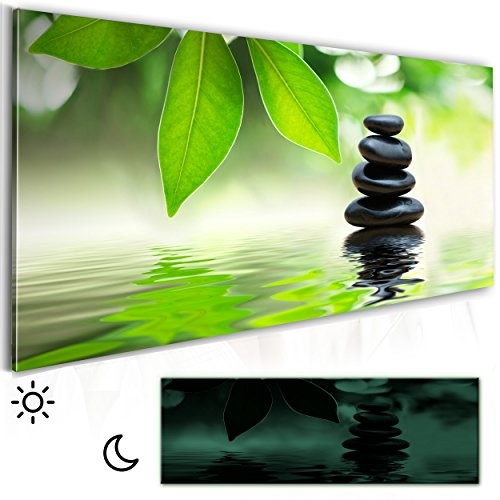 decomonkey Leinwand Bilder nachtleuchtend grün Zen Stein Wasser 120x40 cm Wandbilder Tag & Nacht Design Bilder mit 3D nachleuchtenden Farben Vlies Leinwand DKB0420alla1PS