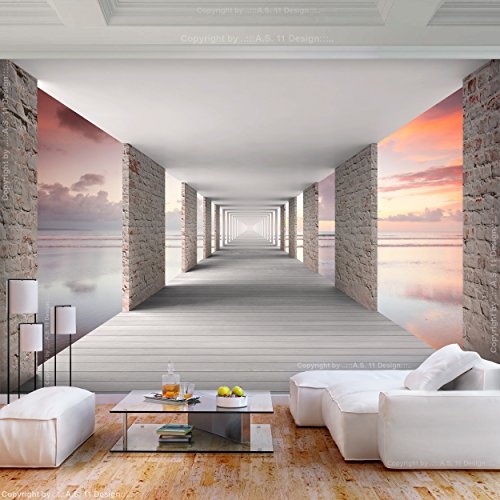 decomonkey Fototapete 3d Effekt Meer Himmel 400x280 cm XL Tapete Fototapeten Vlies Tapeten Vliestapete Wandtapete moderne Wandbild Wand Schlafzimmer Wohnzimmer Steinwand Stein Architektur blau orange