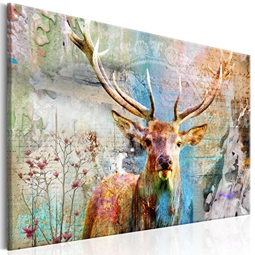 decomonkey Akustikbild Hirsch 120x80 cm 1 Teilig Bilder Leinwandbilder Wandbilder XXL Schallschlucker Schallschutz Akustikdämmung Wandbild Deko leise Retro Vintage Tiere Hirsche Blumen Holz Textur