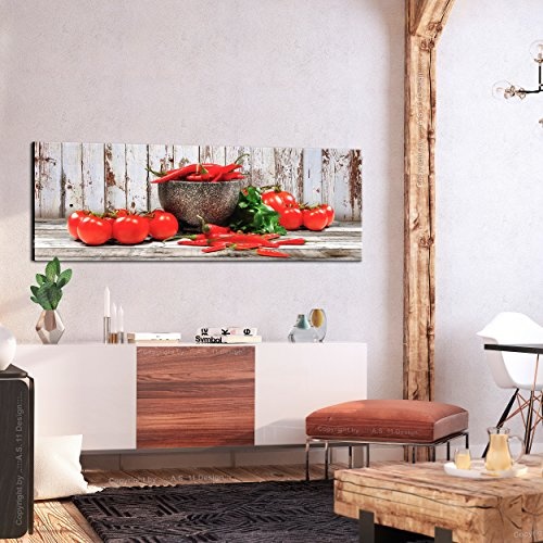 decomonkey Bilder Küche Gemüse 120x40 cm 1 Teilig Leinwandbilder Bild auf Leinwand Vlies Wandbild Kunstdruck Wanddeko Wand Wohnzimmer Wanddekoration Deko Paprika Tomate