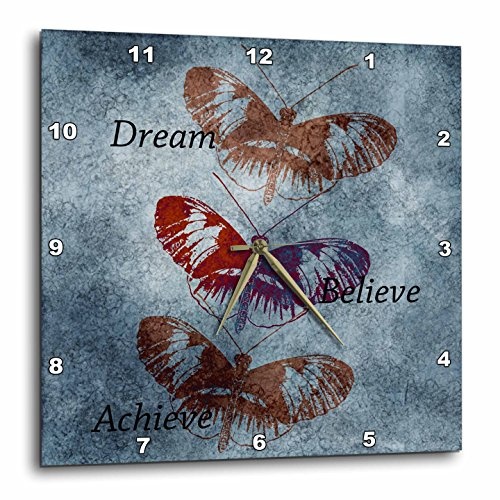 3dRose DPP 79335 _ 3 inspiriert Schmetterlinge Dream, Believe und Achieve- Motivational Art-Wall Uhr, 15 von 15 Zoll