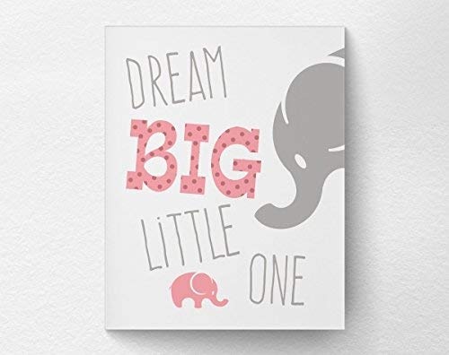 cwb2jcwb2jcwb2j Dream Big Little One Elephant Nursery Wall Art Print Poster Nursery Decor Pink and Gray Baby Nursery 20X25cm