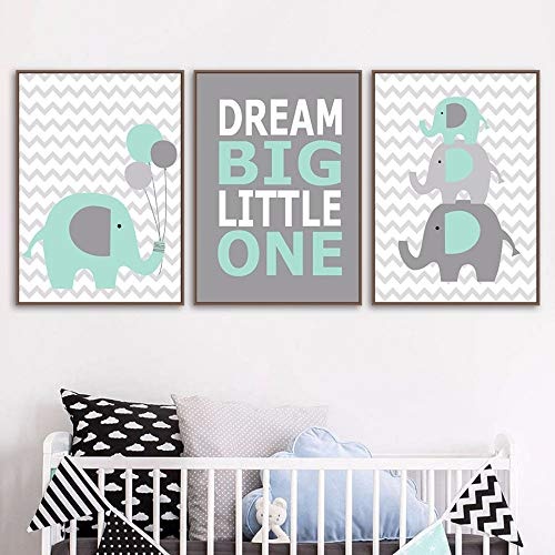 qiumeixia1 Nordic Animal Elephant Prints Kid Canvas Wall Pictures Art Painting Dream Big Little One Quote Poster for Children Bedroom Decor 50 * 70cm No Frame