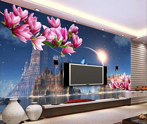 Wdbzd 3D Tapeten Benutzerdefinierte Wallpaper Home Dekorative Hintergrund Wandbild Dream Castle Planet Butterfly Magnolia Tv Hintergrund 3D Tapete-350Cmx260Cm