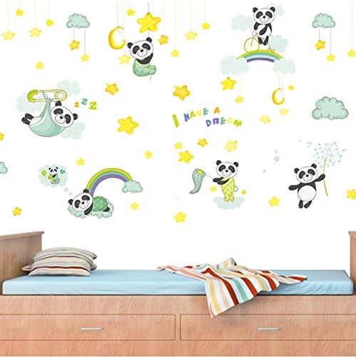 zpbzambm Lovely Panda Dream Star White Clouds Wall Stickers for Kids Rooms Decoration Cartoon Animal Wall Decals Art PVC DIY Mural Poster 57X106Cm