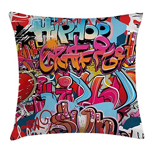 Graphic Throw Pillow Cushion Cover, Hip Hop Street Culture Harlem New York City Wall Graffiti Art Spray Artwork Image, Decorative Square Accent Pillow Case, 18 X 18 Inches, Multicolor