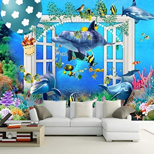 Tapeten Moderne Tapeten 3D Wallpaper Wandbilder Fenster Aus Dem Meer 3D Dolphin Dream Wand Schlafzimmer Fotomurales Para Pared, 350 * 245 Cm