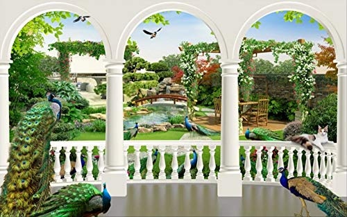 Fototapete 3D Effekt Tapete Dream Peacock Birds Palace Garden Vliestapete 3D Wallpaper Moderne Wanddeko Wandbilder