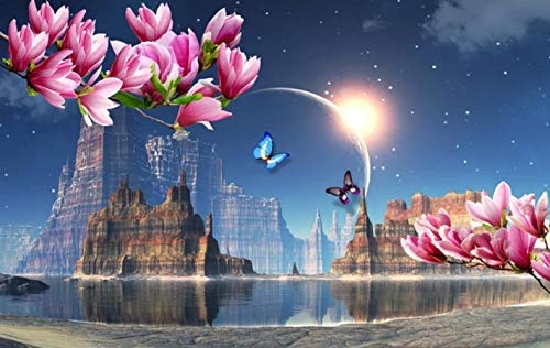 Fototapete 3D Effekt Tapete Dream Castle Planeten Schmetterling Magnolia Vliestapete 3D Wallpaper Moderne Wanddeko Wandbilder