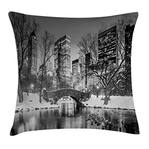 Landscape Throw Pillow Cushion Cover, Cityscape New York City in Winter Central Park Snowy Buildings Photo Art, Decorative Square Accent Pillow Case, 18 X 18 inches, Grey and Dimgrey