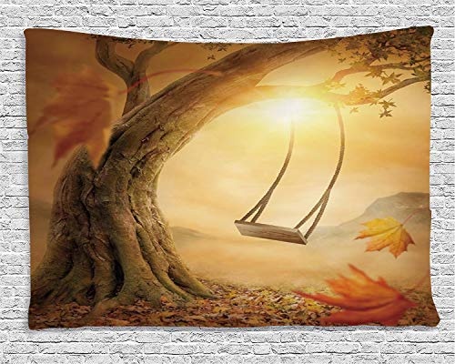 Yaoni Tapestry Wall Hanging,Surrealistic,Dream Swing Hanged on Majestic Tree Magic Fall Season Childhood Picture,Orange Sand Brown, Living Room Bedroom Dorm Decor Tapestries Wall Hanging 150 x 200 cm