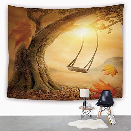 Yaoni Tapestry Wall Hanging,Surrealistic,Dream Swing Hanged on Majestic Tree Magic Fall Season Childhood Picture,Orange Sand Brown, Living Room Bedroom Dorm Decor Tapestries Wall Hanging 150 x 200 cm