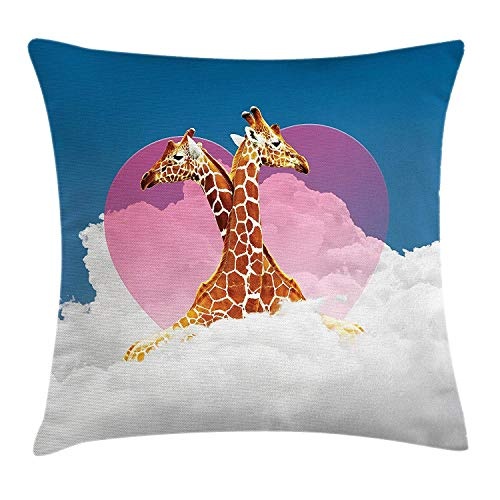 Animal Throw Pillow Cushion Cover, Cuddly Giraffes Living on Fluffy Clouds with Heart Figure on The Background Work of Art, Decorative Square Accent Pillow Case, Multi20