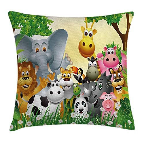 Kids Throw Pillow Cushion Cover, Cute Animals in Jungle...