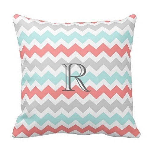 TKMSH Teal Coral Gray Chevrons Pattern Monogram Pillow Cover for Couch Sofa Or Bed Set Cozy Home Decor Size:20 X 20 Inches/50cm x 50cm
