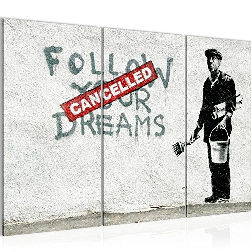 Bilder Banksy Follow your Dream Wandbild 120 x 80 cm - 3 Teilig Vlies - Leinwand Bild XXL Wandbilder Wohnzimmer Wohnung Deko Kunstdrucke Grau - MADE IN GERMANY - Fertig zum Aufhängen 301931a