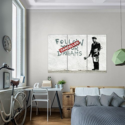 Bilder Banksy Follow your Dream Wandbild 120 x 80 cm - 3 Teilig Vlies - Leinwand Bild XXL Wandbilder Wohnzimmer Wohnung Deko Kunstdrucke Grau - MADE IN GERMANY - Fertig zum Aufhängen 301931a