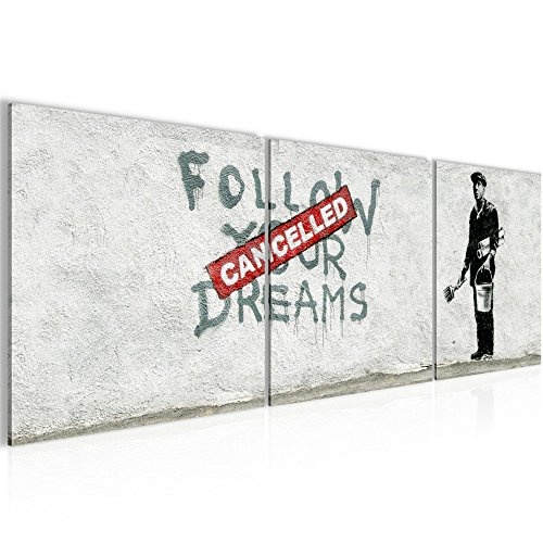 Bilder Banksy Follow your Dream Wandbild Vlies - Leinwand Bild XXL Format Wandbilder Wohnzimmer Wohnung Deko Kunstdrucke 90 x 30 cm Grau 3 Teilig MADE IN GERMANY Fertig zum Aufhängen 301934a
