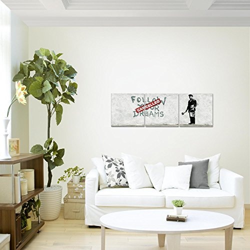 Bilder Banksy Follow your Dream Wandbild Vlies - Leinwand Bild XXL Format Wandbilder Wohnzimmer Wohnung Deko Kunstdrucke 90 x 30 cm Grau 3 Teilig MADE IN GERMANY Fertig zum Aufhängen 301934a
