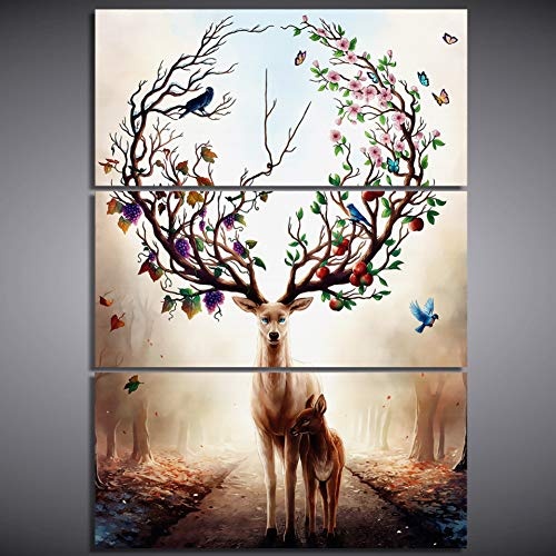 RQMQRL Modern Home Wall Art Decor Abstract Canvas Poster Hd Printed 3 Piece Dream Forest Elk Painting Deer Flower Antler Pictures