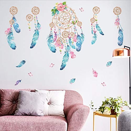 xmydeshoop Bunte Feder Wandaufkleber Fangen Monternet Dream Catcher Design Kunst Aufkleber Wohnzimmer Dekoration Aufkleber 52X130 cm