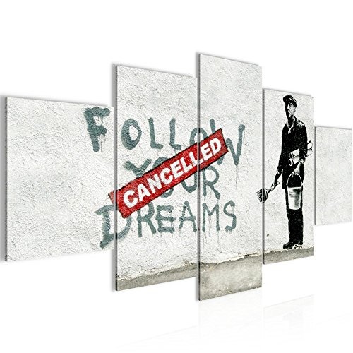 Bilder Banksy Follow your Dream Wandbild 200 x 100 cm Vlies - Leinwand Bild XXL Format Wandbilder Wohnzimmer Wohnung Deko Kunstdrucke Grau 5 Teilig - MADE IN GERMANY - Fertig zum Aufhängen 301951a