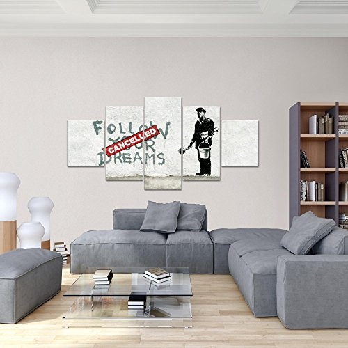 Bilder Banksy Follow your Dream Wandbild 200 x 100 cm Vlies - Leinwand Bild XXL Format Wandbilder Wohnzimmer Wohnung Deko Kunstdrucke Grau 5 Teilig - MADE IN GERMANY - Fertig zum Aufhängen 301951a