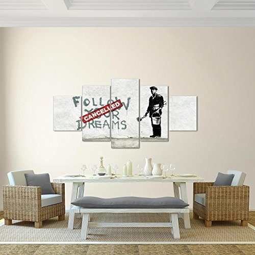 Bilder Banksy Follow your Dream Wandbild 200 x 100 cm Vlies - Leinwand Bild XXL Format Wandbilder Wohnzimmer Wohnung Deko Kunstdrucke Grau 5 Teilig - MADE IN GERMANY - Fertig zum Aufhängen 301951a