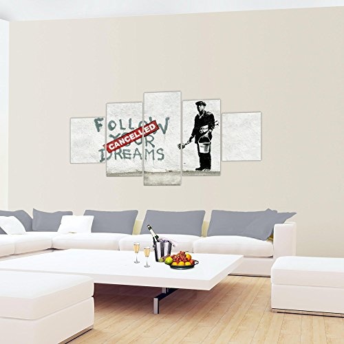 Bilder Banksy Follow your Dream Wandbild 200 x 100 cm Vlies - Leinwand Bild XXL Format Wandbilder Wohnzimmer Wohnung Deko Kunstdrucke Grau 5 Teilig - MADE IN GERMANY - Fertig zum Aufhängen 301951a