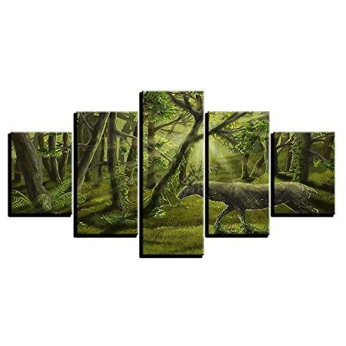 MAOYYM1 Leinwand Gemälde Wandkunst Dekor Bilder 5 Stücke Abstrakte Dream Green Forest Tier Deer Wohnzimmer Hd Druckt Poster (Frameless,Nur Leinwand)