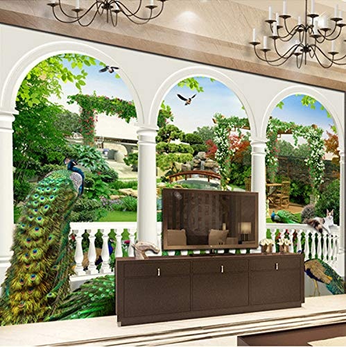 Fototapete Große Hd 3D Stereoscopic Dream Vogel Pfau Palace Gardens Wandbild Tv Wohnzimmer Sofa Hintergrundbild Nachahmung Seidentuch Wandbild 300X210 Cm