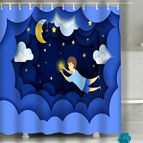 jinhua19 Beach Shower Curtain Child Touching Stars Sky Kids Dream Paper Art Origami Style Paper Cut Design Concept Child Electric Fabric Bathroom Decor 60 X 72 Inch