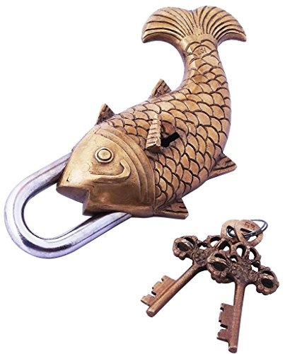 Shri Krishna Arts Handgefertigt Antik Look Stil Fisch Messing Pad Lock Hohe Gewicht indischen Kunst Figur - 17,8 x 7,6 x 3,8 cm