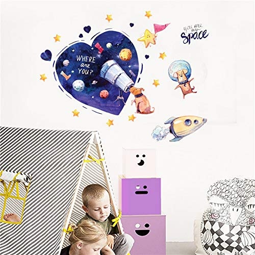 Cartoon Dog Space Dream Wall Sticker Puppy Telescope Space Planet Rocket Kids Room Baby Bedroom Decoration Removable Stickers