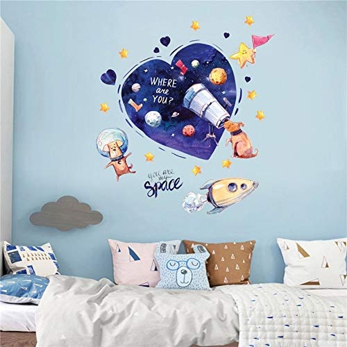 Cartoon Dog Space Dream Wall Sticker Puppy Telescope Space Planet Rocket Kids Room Baby Bedroom Decoration Removable Stickers