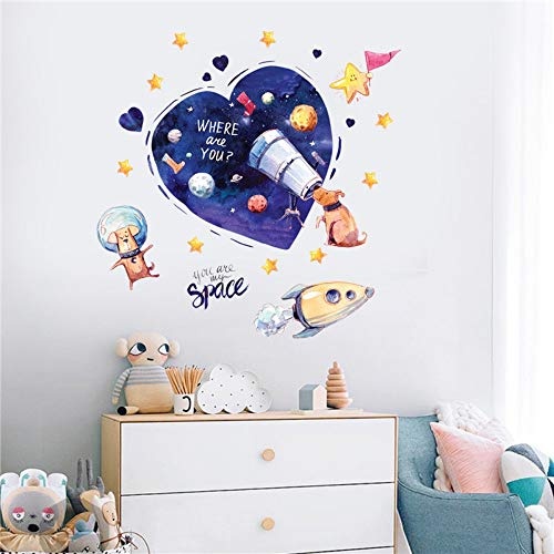 Cartoon Dog Space Dream Wall Sticker Puppy Telescope Space Planet Rocket Kids Room Baby Bedroom Decoration Removable Stickers