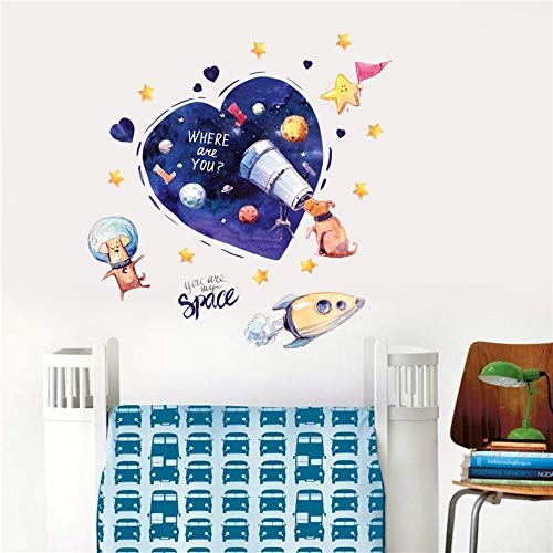 Cartoon Dog Space Dream Wall Sticker Puppy Telescope Space Planet Rocket Kids Room Baby Bedroom Decoration Removable Stickers