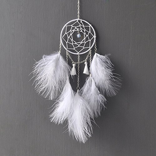 Bloomma Mini White Dream Catcher Anhänger Eisen Ring Federn mit Kette Auto Catcher Netz Boho Art Home Hanging Ornaments for Car Charm Rückspiegel Zubehör 8 cm, 1 Stpck