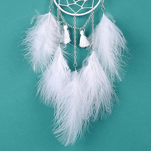 Bloomma Mini White Dream Catcher Anhänger Eisen Ring Federn mit Kette Auto Catcher Netz Boho Art Home Hanging Ornaments for Car Charm Rückspiegel Zubehör 8 cm, 1 Stpck