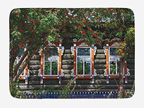 NasNew Doormats Shutters Bath Mat, Wooden House with Shutter at Windows Fence Flower Trees Blooms Dream Art, Plush Bathroom Decor Mat with Non Slip Backing, 23.6 W X 15.7 W Inches, Red Green Brown