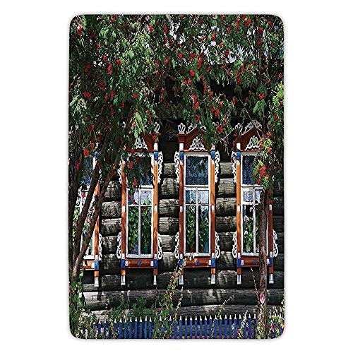 tgyew Bathroom Bath Rug Kitchen Floor Mat Carpet,Shutters,Wooden House with Shutter at Windows Fence Flower Trees Blooms Dream Art,Red Green Brown,Flannel Microfiber Non-Slip Soft Absorbent