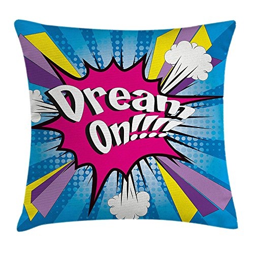 Comics Decor Throw Pillow Cushion Cover, Pop Art Fictional Dream On Figure with Funky Creative Shapes Indie Illustration, Decorative Square Accent Pillow Case, 18 X 18 Inches, Blue Pink
