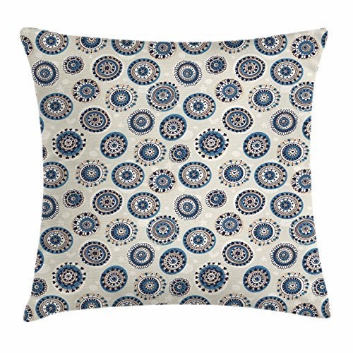 Sketch Throw Pillow Cushion Cover, Cute and Folk Mandala Art Motifs in Marine Style on Faded Hearts Stars and Dots, Decorative Square Accent Pillow Case, 18 X 18 Inches, Blue Beige Tan